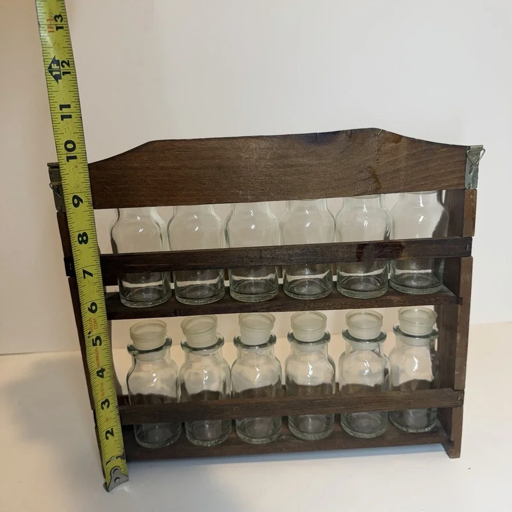 Vintage Wooden Hanging Spice Rack, 12 Glass Spice Bottles